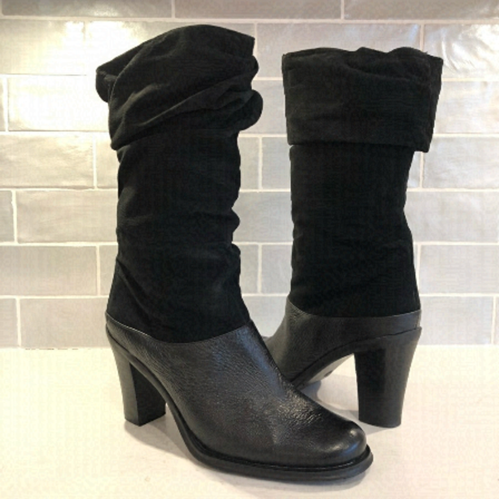 DENVER HAYES Andy Black Slouchy Suede Leather Block Heel Round Toe Fall Boots